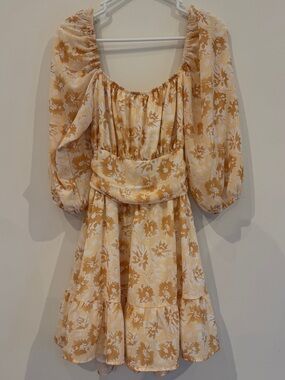 Floral Puff-Sleeve Mini Dress in Cream & Mustard